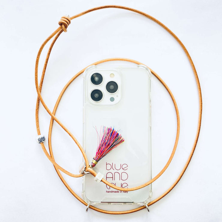 phone necklace leather natural, tassel and ceramic bead